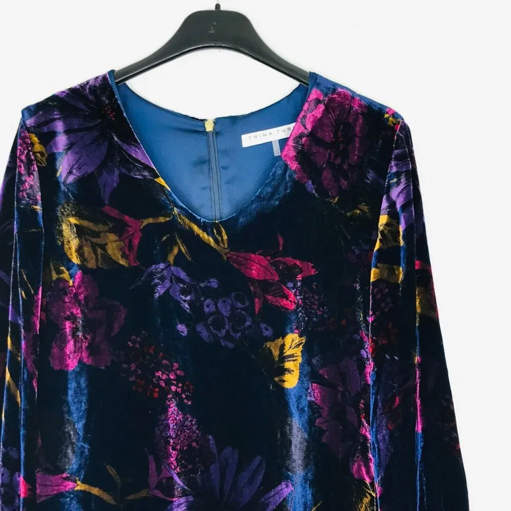 Trina Turk Women's XS Dress Blue Purple Eclaire Velvet Floral Long Sleeve CG24